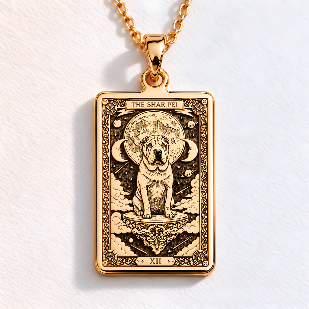 A polished 14K solid gold Shar-Pei medallion. This fine pet jewelry represents the breed's stoic nature, making it a perfect Shar-Pei lover gift.