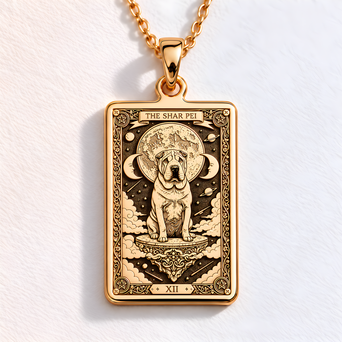 A polished 14K solid gold Shar-Pei medallion. This fine pet jewelry represents the breed's stoic nature, making it a perfect Shar-Pei lover gift.