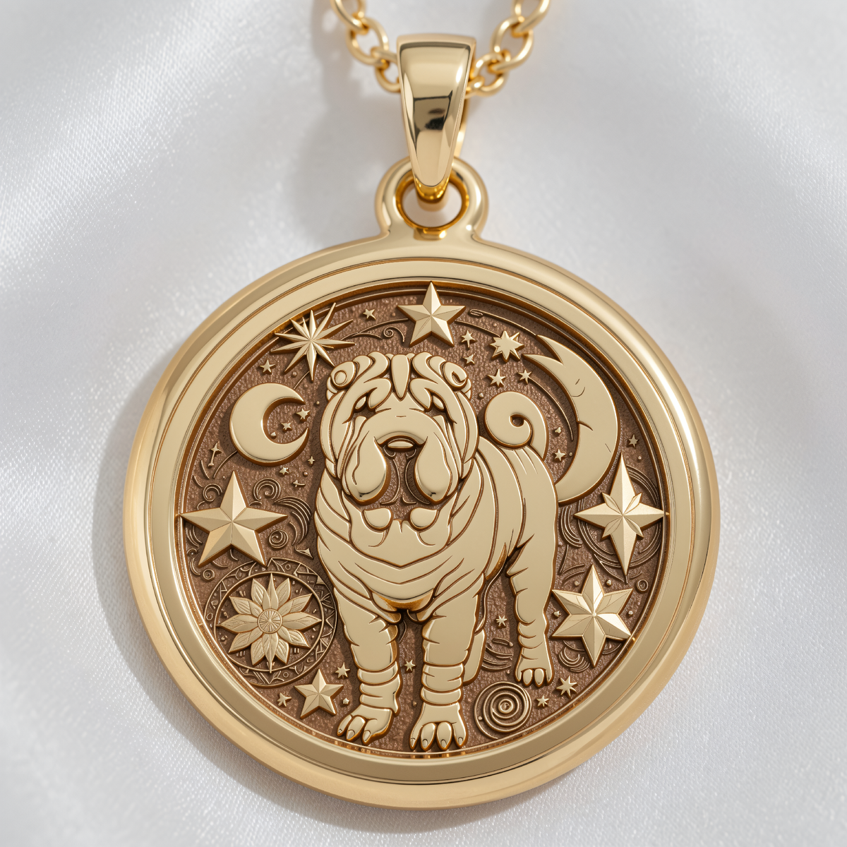 Shar Pei Pendant Necklace - Celestial Moon & Star Dog Charm - 14K Gold Plated