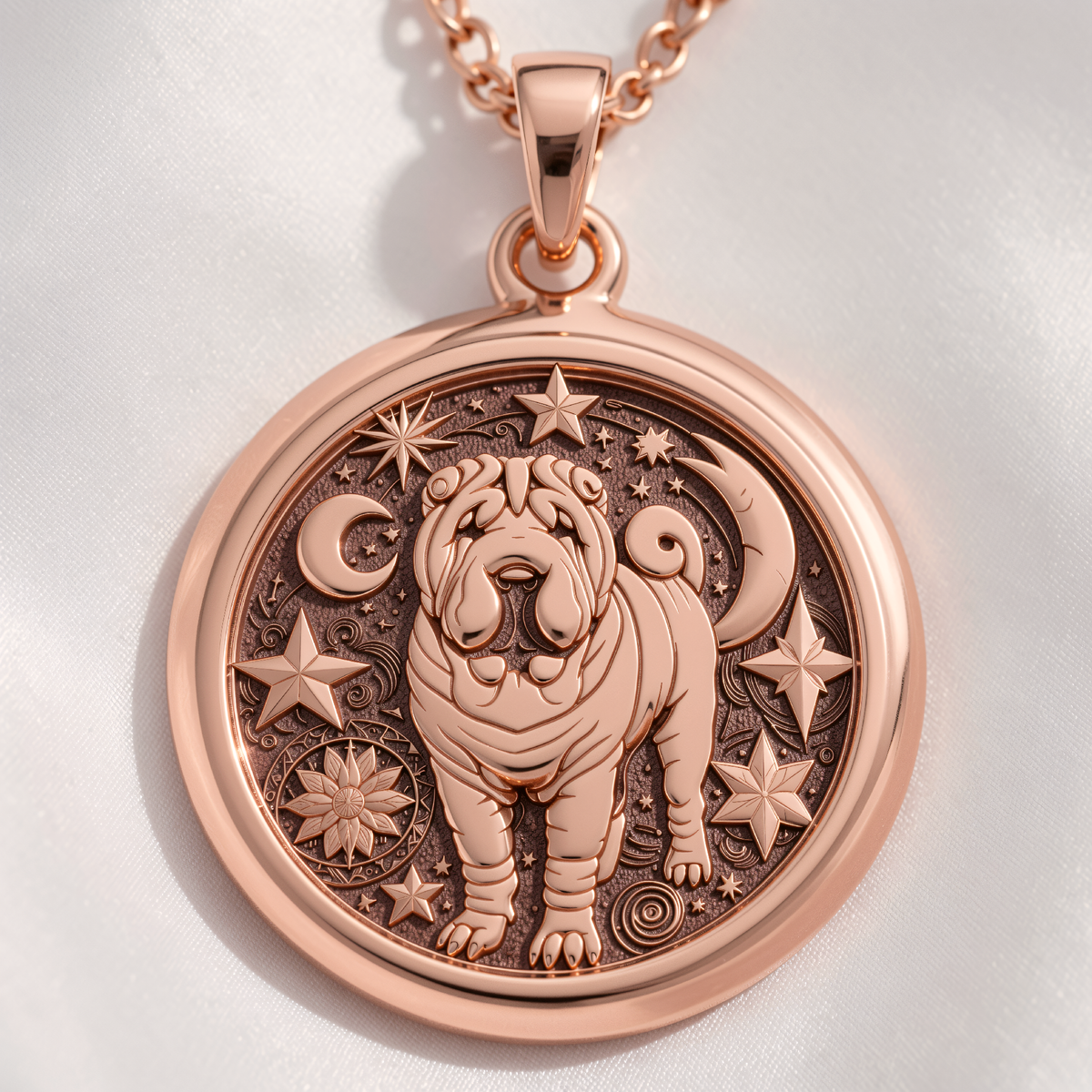 Shar Pei Pendant Necklace - Celestial Moon & Star Dog Charm - 14K Rose Gold Plated