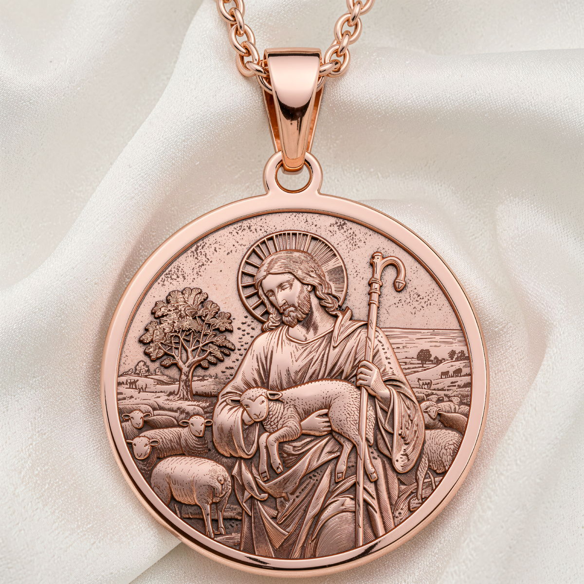 Shepherd Jesus Christ Pendant | Silver & Plated Options - Christian Art Jewelry Gift - 14K Rose Gold Plated Front View