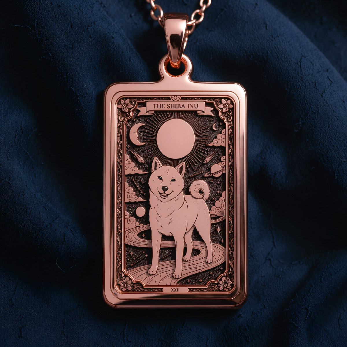Shiba Inu Pet Portrait Necklace in a polished rose gold finish.