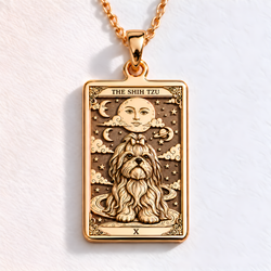 A polished 14K solid gold Shih-Tzu medallion. This fine pet jewelry represents the breed's "little lion" heart, making it a perfect Shih-Tzu lover gift.