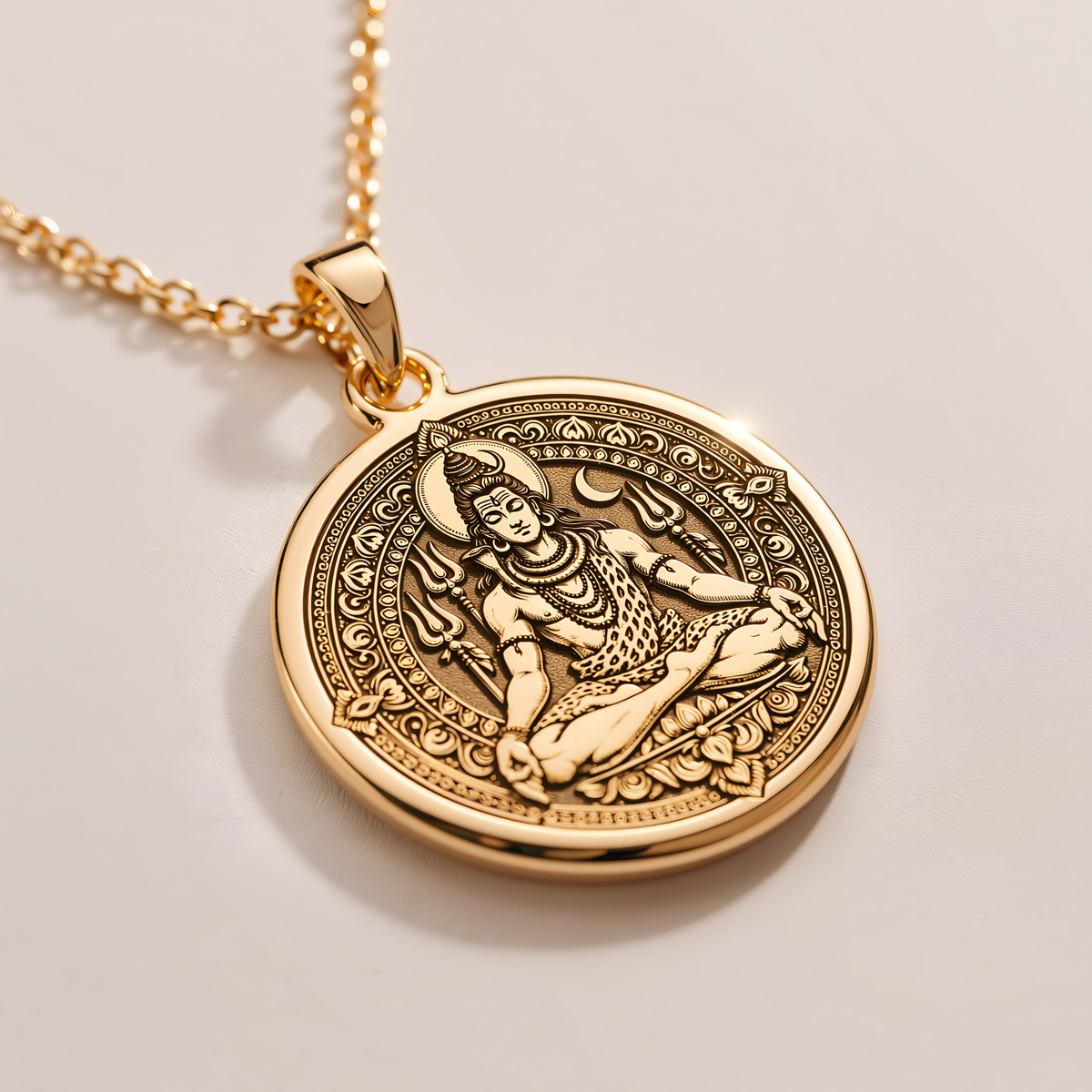 Shiva God Coin Pendant Necklace - 14K Solid Gold, Left Angle View
