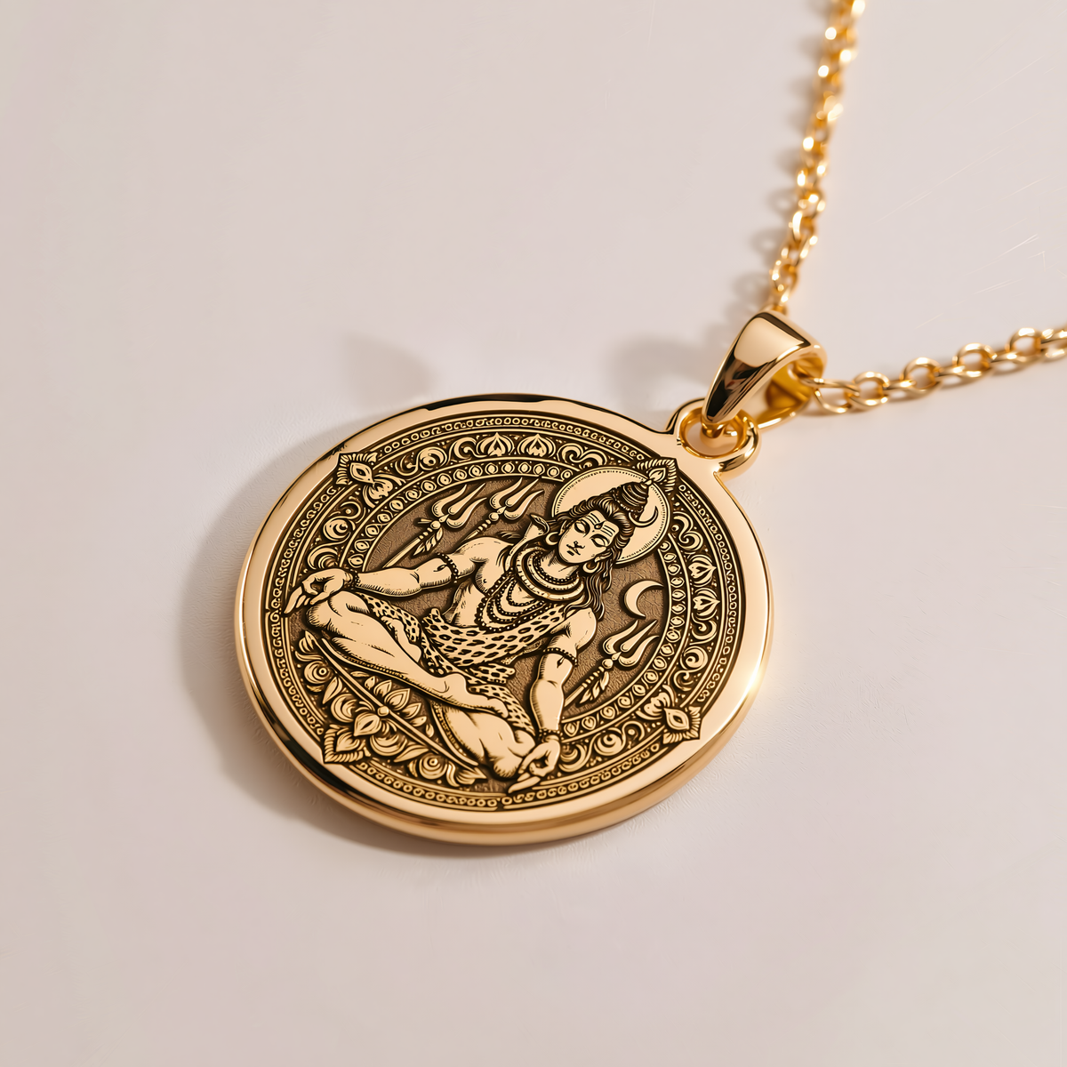 Shiva God Coin Pendant Necklace - 14K Solid Gold, Right Angle View