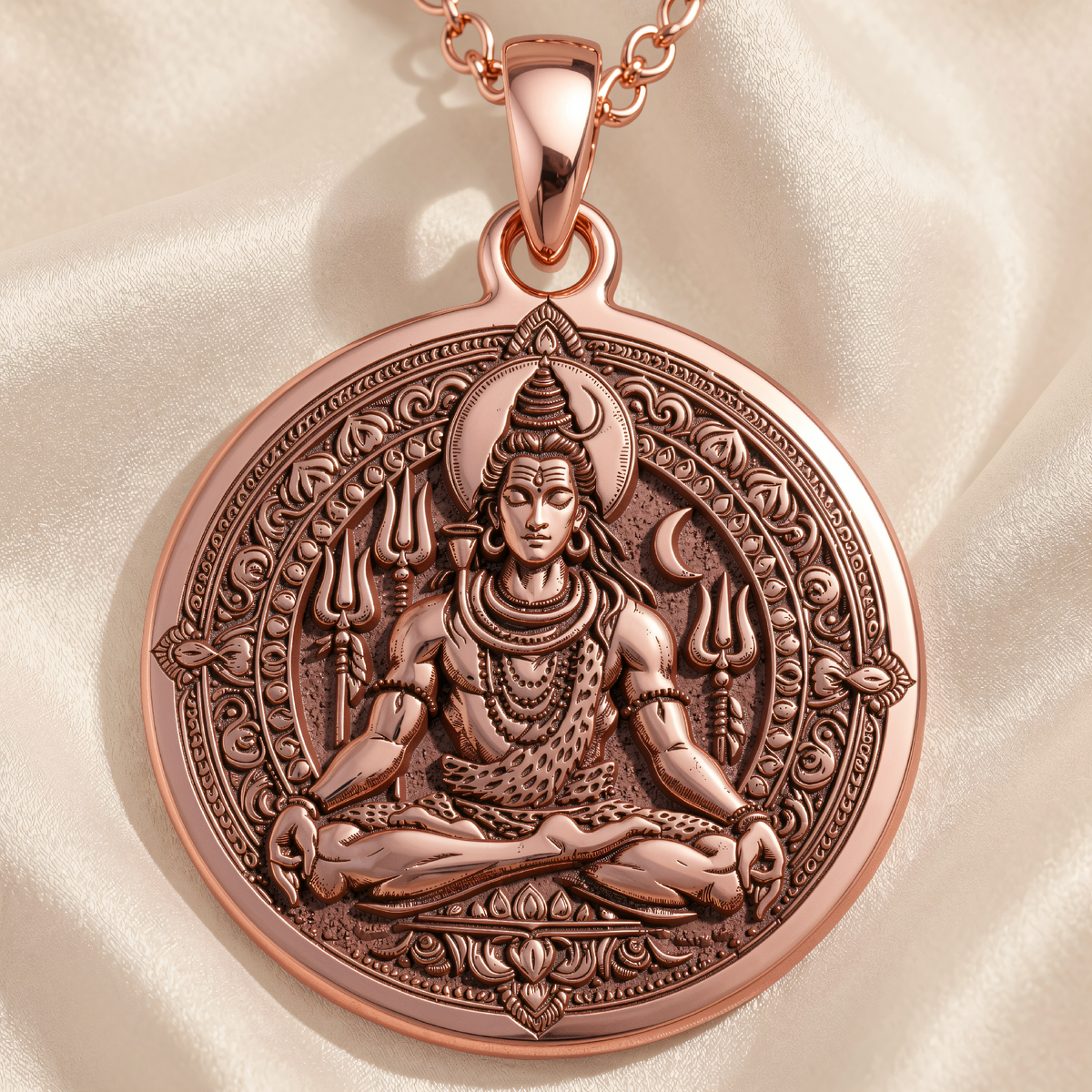 Shiva God Coin Pendant Necklace in a polished rose gold finish.