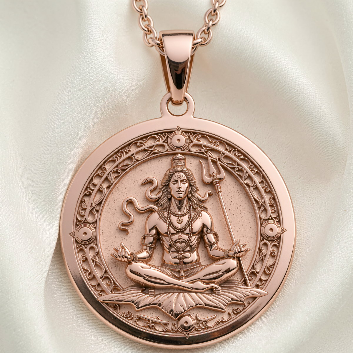 Front view of Shiva Lord Hindu God Pendant in 14K Rose Gold Plated, circular pendant showing Lord Shiva meditating on a lotus holding a trident.