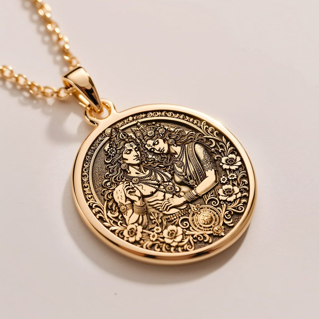 Shiva Parvati Trishul Necklace – Mini Coin - 14K Solid Gold, Left Angle View
