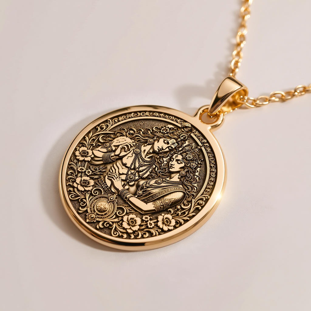 Shiva Parvati Trishul Necklace – Mini Coin - 14K Solid Gold, Right Angle View