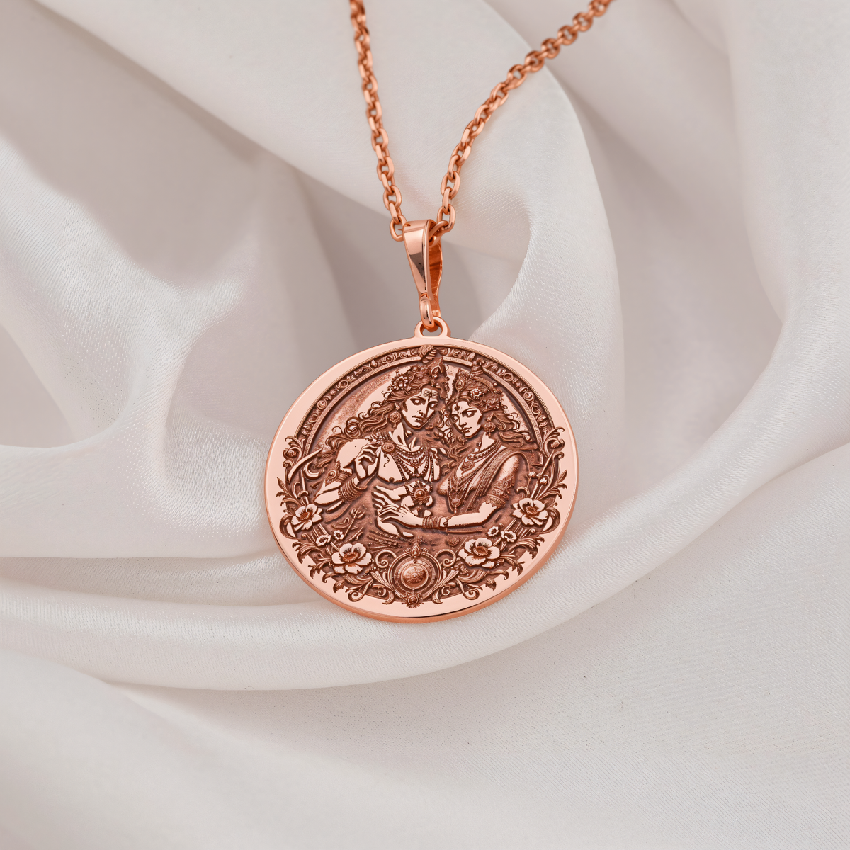 Shiva Parvati Trishul Amulet Necklace in a polished rose gold finish.