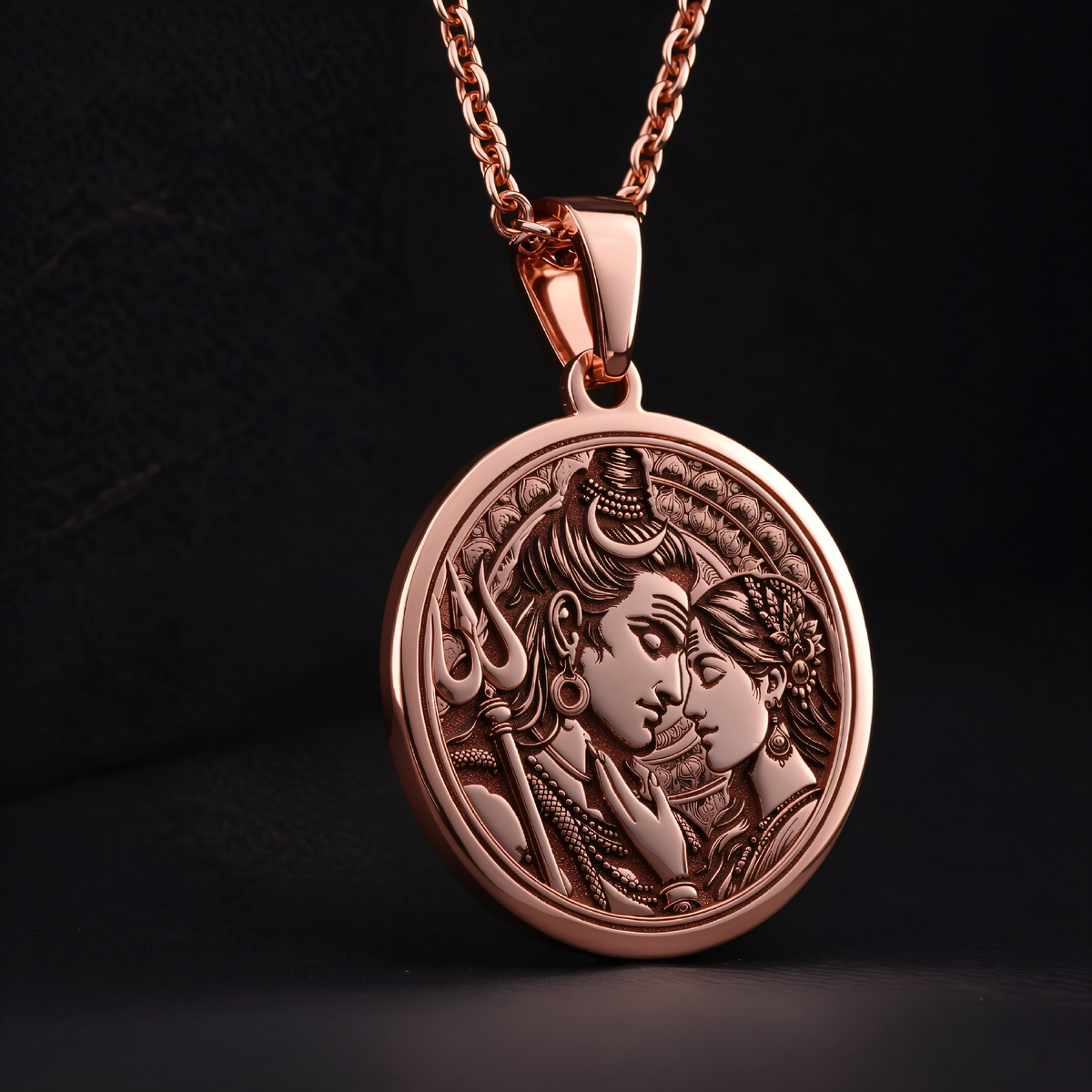 Shiva Parvati Trishul Amulet Necklace in a polished rose gold finish.