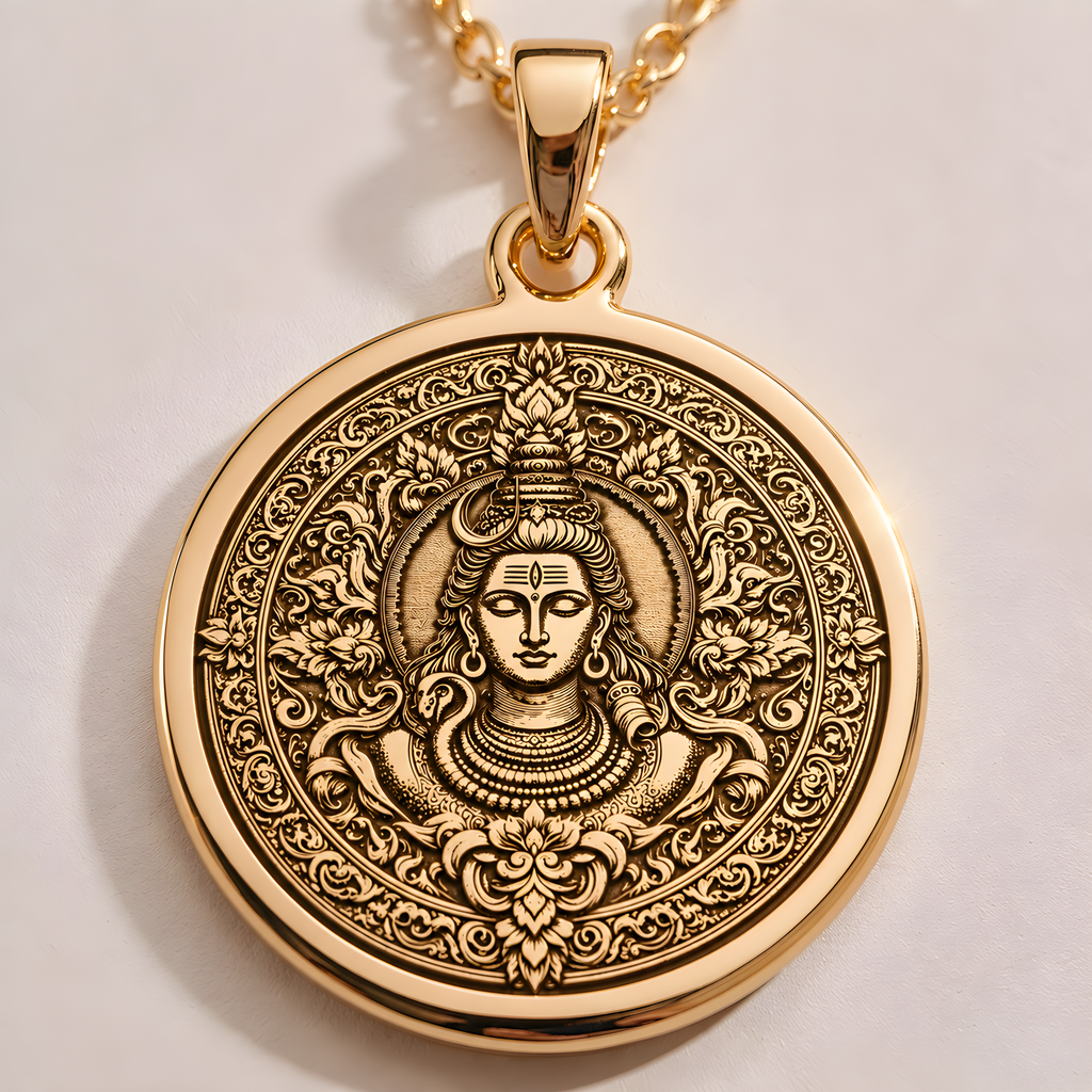 Shiva Trishul God Pendant – Mandala Face in a gold finish, shown from the front with detailed engraving on the pendant.