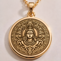 Shiva Trishul God Pendant – Mandala Face in a gold finish, shown from the front with detailed engraving on the pendant.