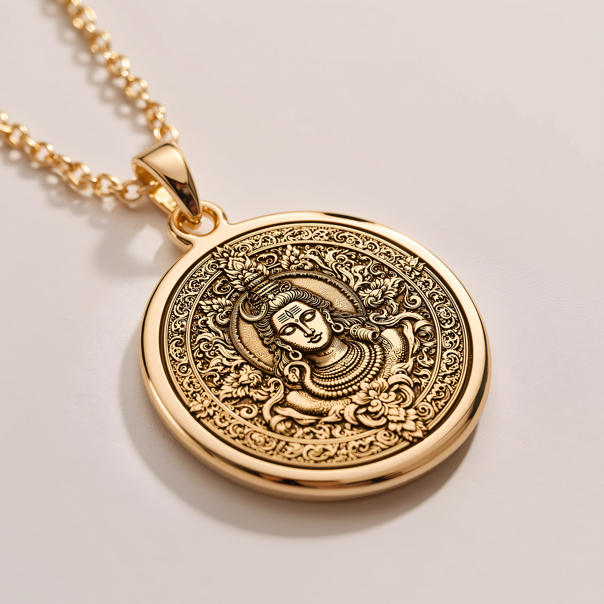 Shiva Trishul God Pendant – Mandala Face - 14K Solid Gold, Left Angle View