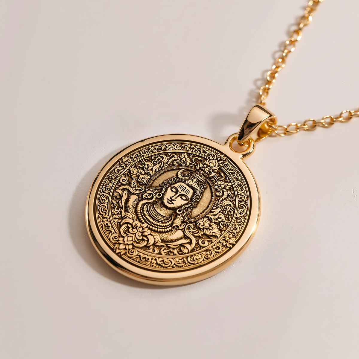 Shiva Trishul God Pendant – Mandala Face - 14K Solid Gold, Right Angle View