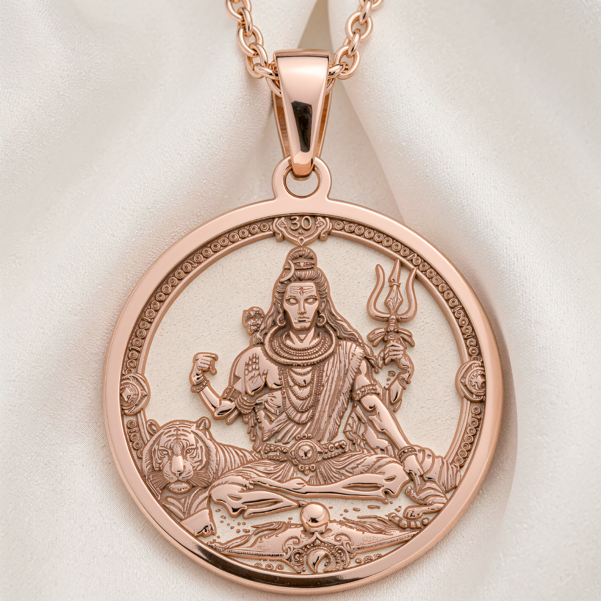 Shiva Trishul God Pendant in 14K rose gold plated finish shows Lord Shiva seated on a tiger throne holding a trishul.