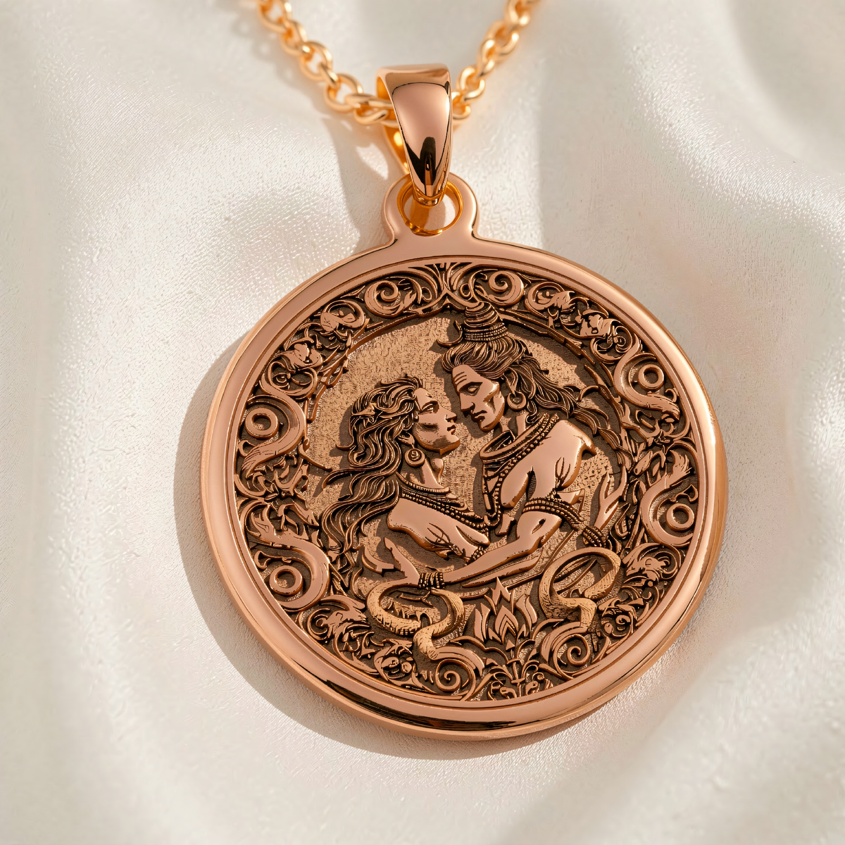 Shiva Vishnu Narayana Chakra Amulet Necklace rose gold plated front view showing Shiva and Parvati with ornate border