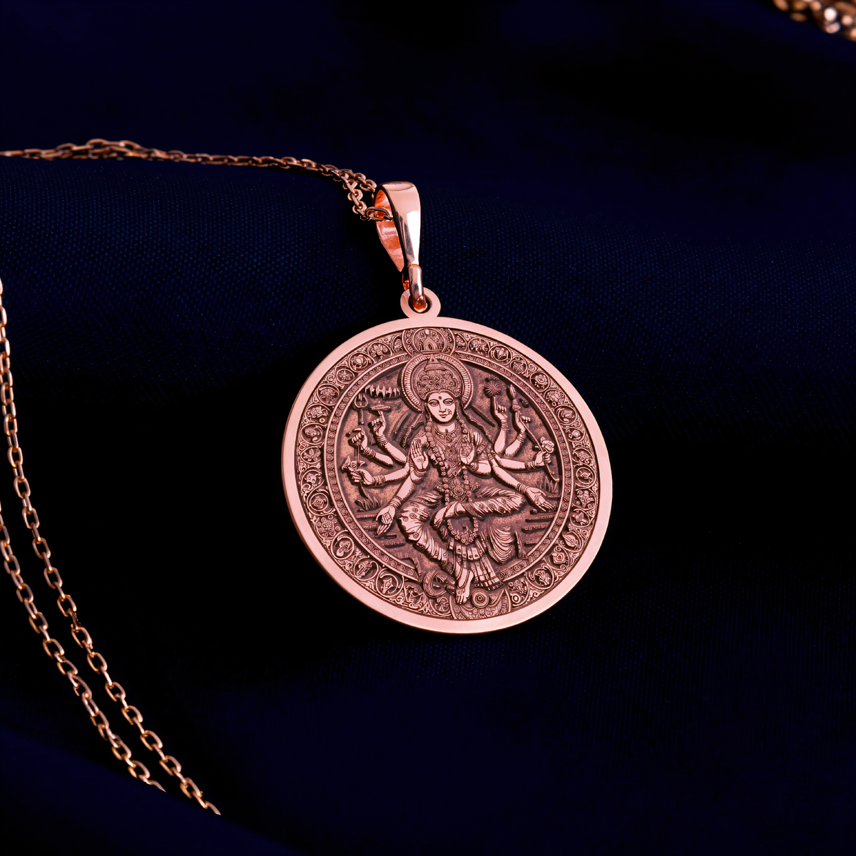 Shri Lalita Goddess Talisman Necklace in a polished rose gold finish.