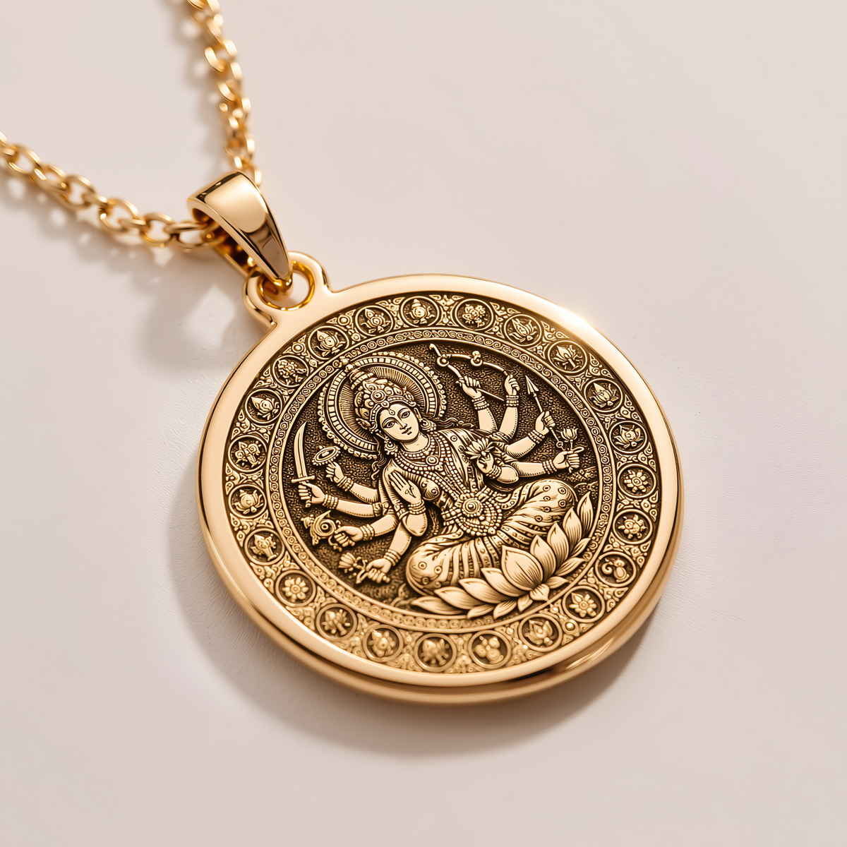 Shri Lalita Goddess Talisman Necklace - 14K Solid Gold, Left Angle View