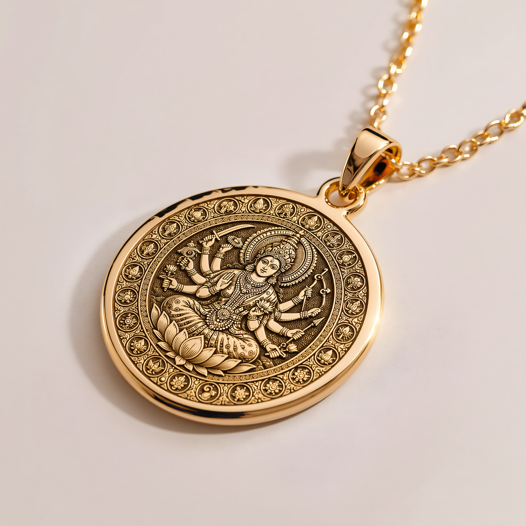 Shri Lalita Goddess Talisman Necklace - 14K Solid Gold, Right Angle View