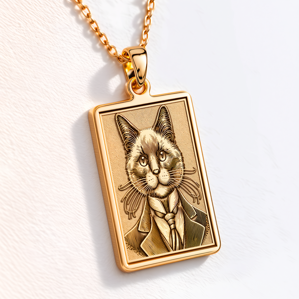 Siamese Cat Portrait Necklace - 14K Solid Gold, Left Angle View