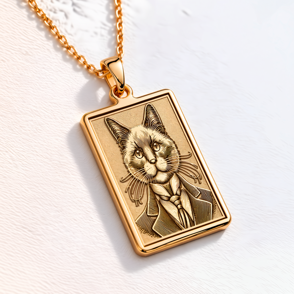 Siamese Cat Portrait Necklace - 14K Solid Gold, Right Angle View