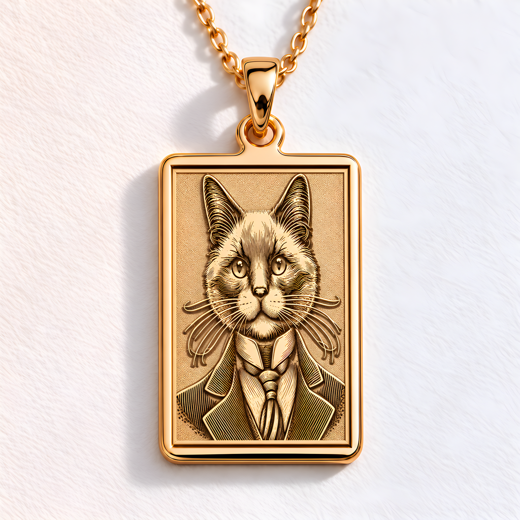 Heirloom quality 14K solid gold rectangular tag necklace, finely laser engraved with an intelligent-looking Siamese cat. A personalized gift for him.