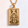 Heirloom quality 14K solid gold rectangular tag necklace, finely laser engraved with an intelligent-looking Siamese cat. A personalized gift for him.
