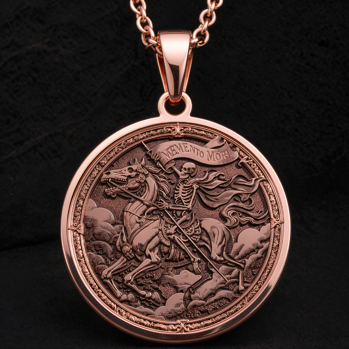 Skeleton Horseman Memento Mori Pendant in a polished rose gold finish.