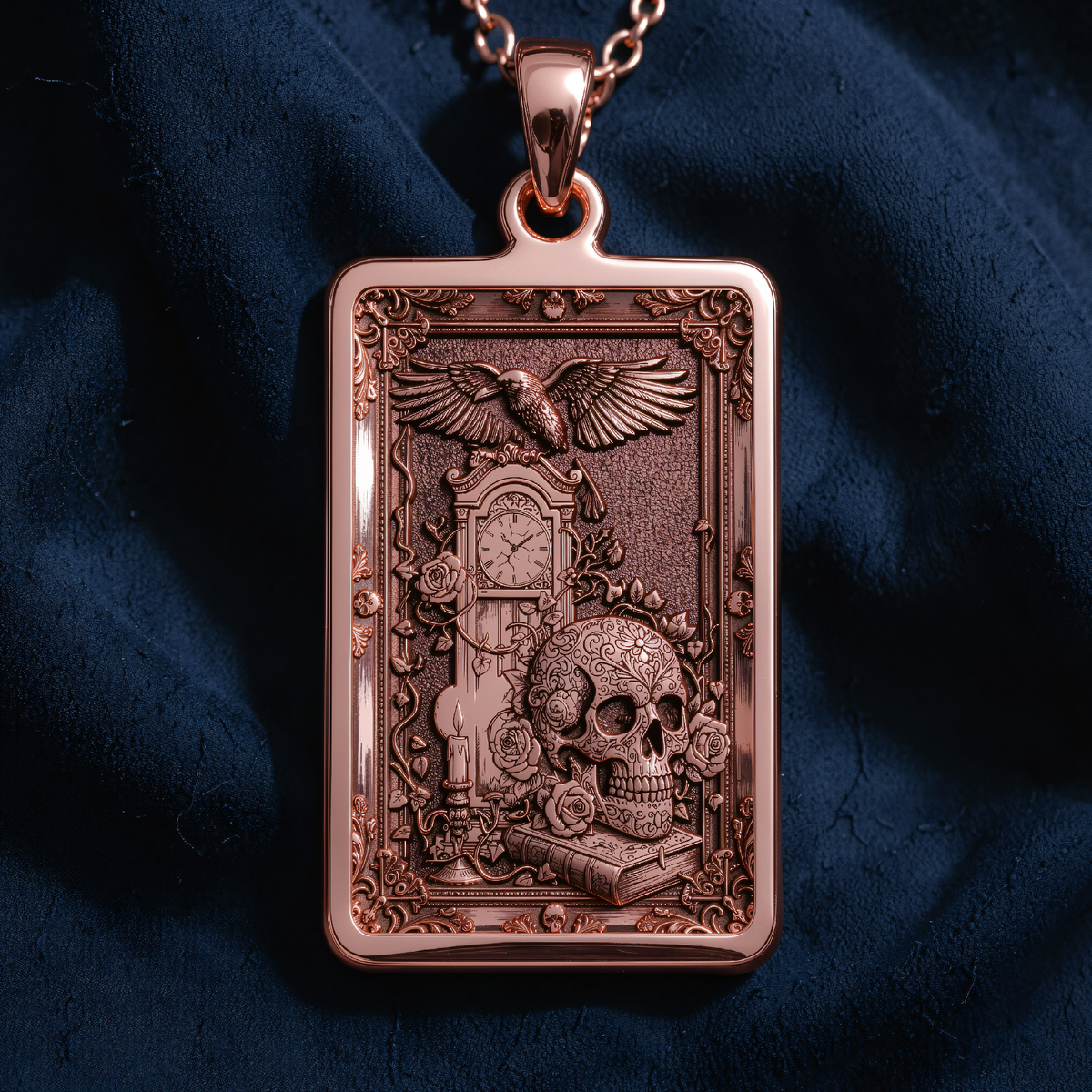 Skull Tarot Pendant in a polished rose gold finish.