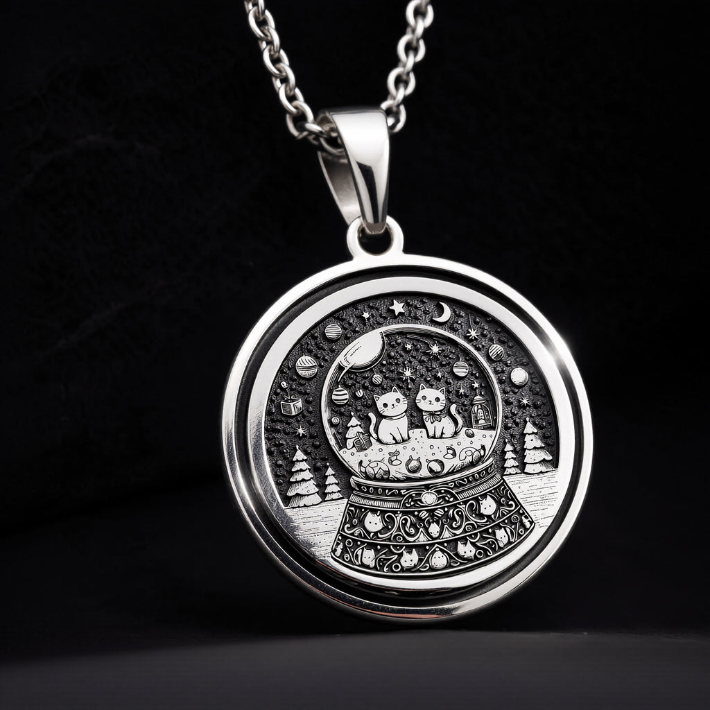 Snow Globe Cat Pendant Necklace - Animal Lover Gift - 925 Sterling Silver