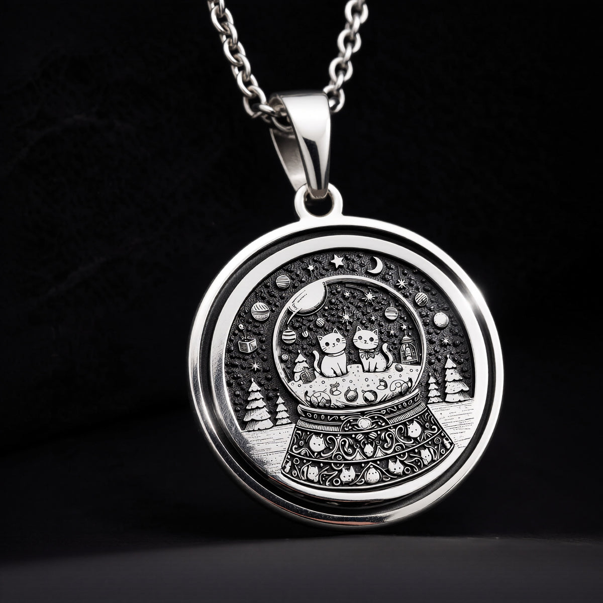 Snow Globe Cat Pendant Necklace - Animal Lover Gift - 925 Sterling Silver