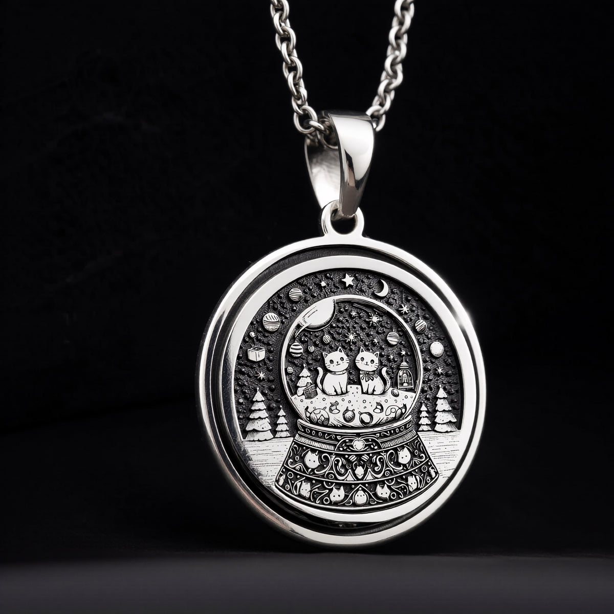 Snow Globe Cat Pendant Necklace - Animal Lover Gift - 925 Sterling Silver