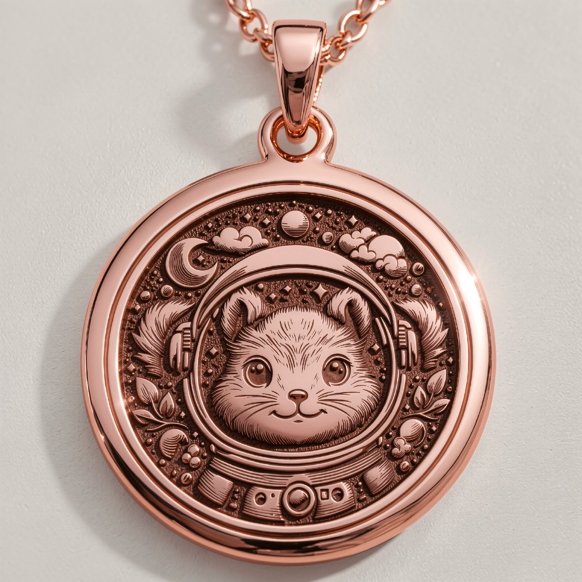 Space Squirrel Astronaut Necklace in a polished rose gold finish.