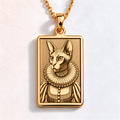Luxury 14K solid gold rectangular tag necklace, finely laser engraved with a regal Sphynx cat in historical attire. A perfect personalized gift.