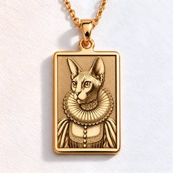 Luxury 14K solid gold rectangular tag necklace, finely laser engraved with a regal Sphynx cat in historical attire. A perfect personalized gift.