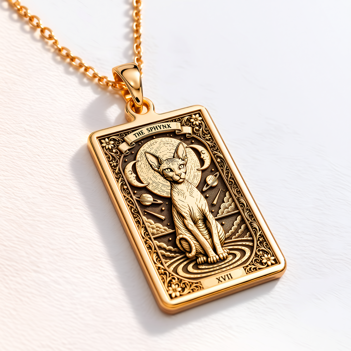 Sphynx Cat Hairless Charm Pendant - 14K Solid Gold, Left Angle View