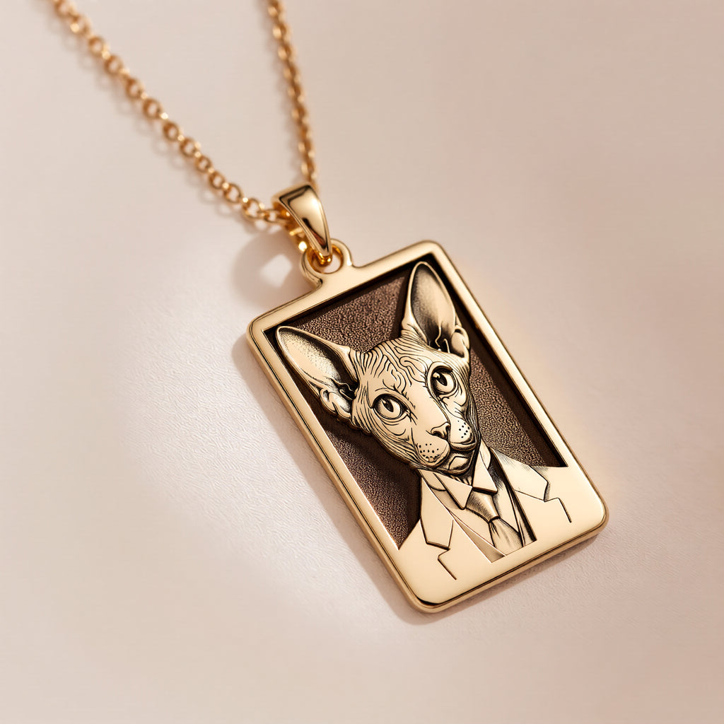 Sphynx Cat Portrait Necklace - 14K Solid Gold