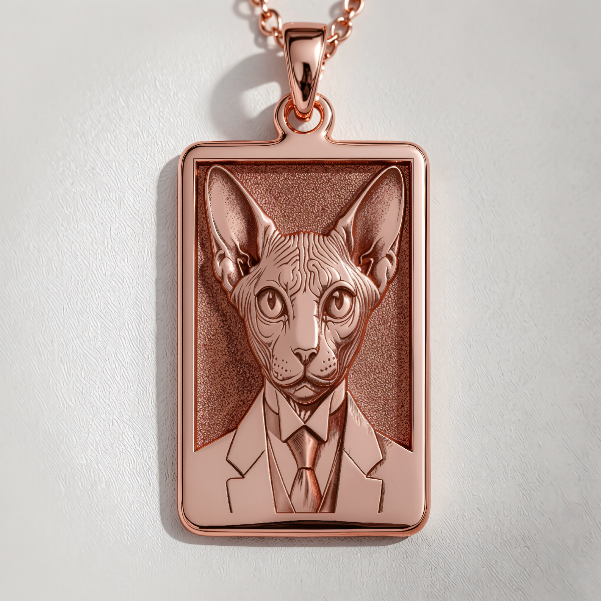 Sphynx Cat Portrait Necklace in a polished rose gold finish.