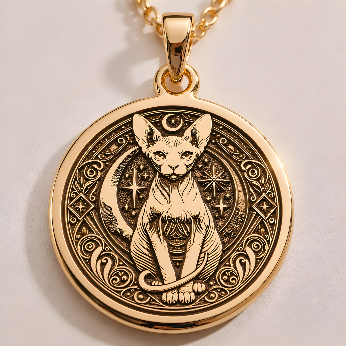 Sphinx cat necklace in 14K gold plated finish, offering a luxurious yet affordable option. This stunning pendant is a perfect gift for cat lovers, celebrating elegance and charm. Great for everyday wear or special events.