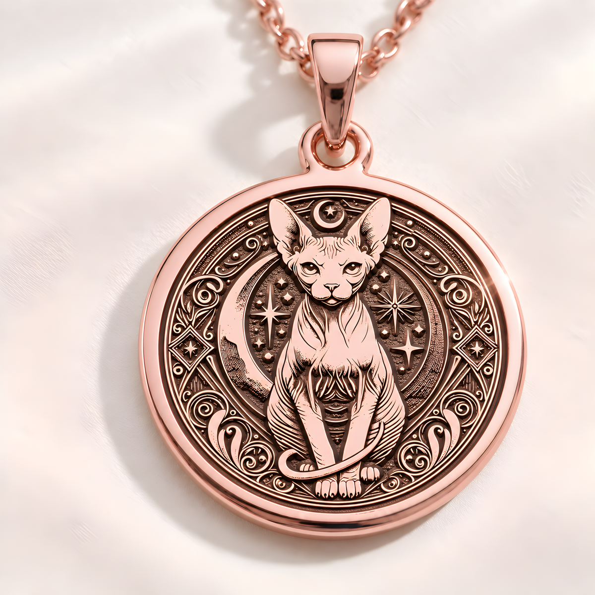 Sphinx cat necklace in rose gold plated finish. This elegant and unique piece is ideal for cat lovers, making a perfect gift for her. Stylish and versatile for daily wear or special celebrations.