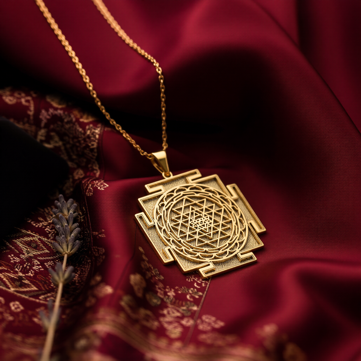 14K Solid Gold Sri Yantra Sacred Geometry Pendant Necklace — front-left angled engraving detail