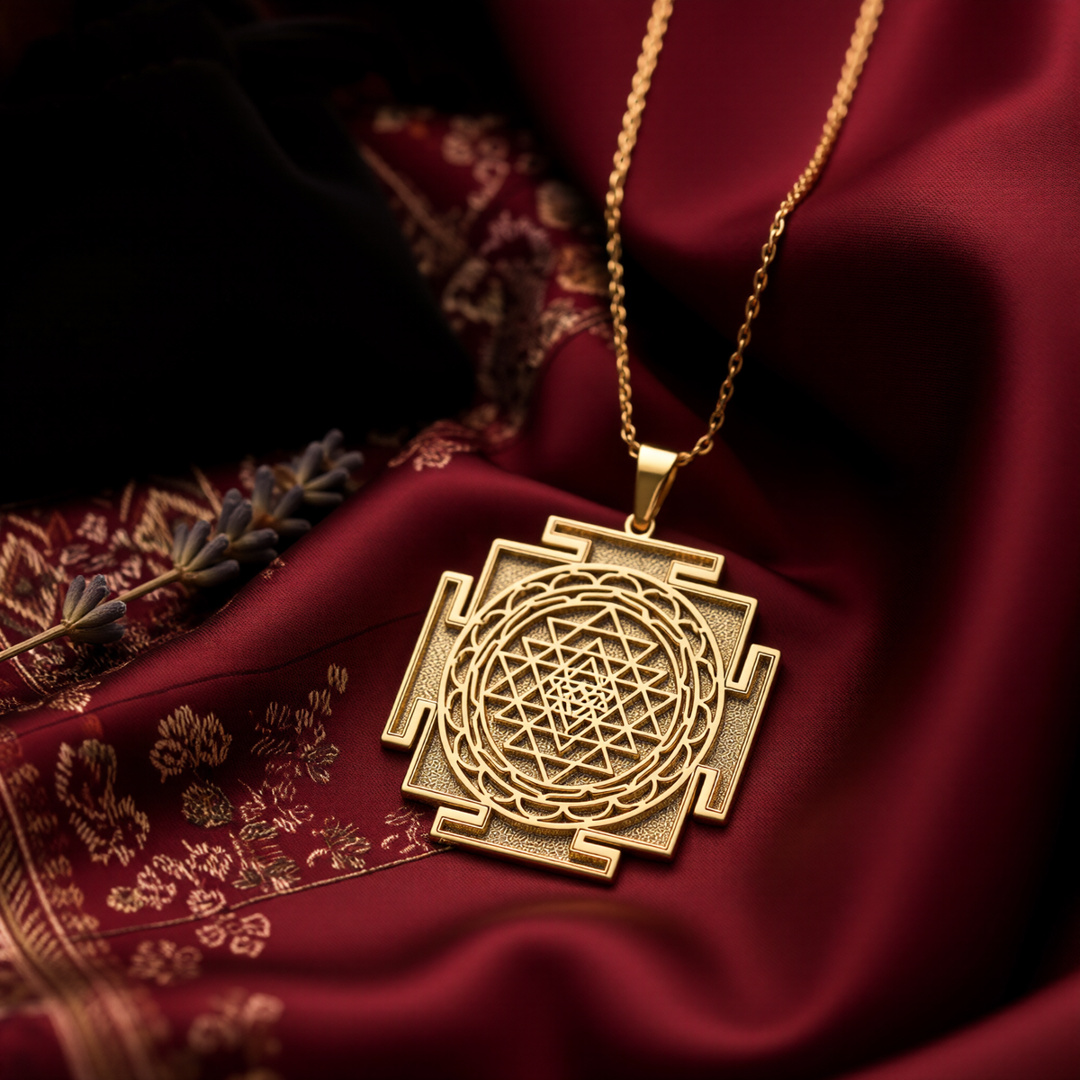 14K Solid Gold Sri Yantra Sacred Geometry Pendant Necklace — front-right perspective view