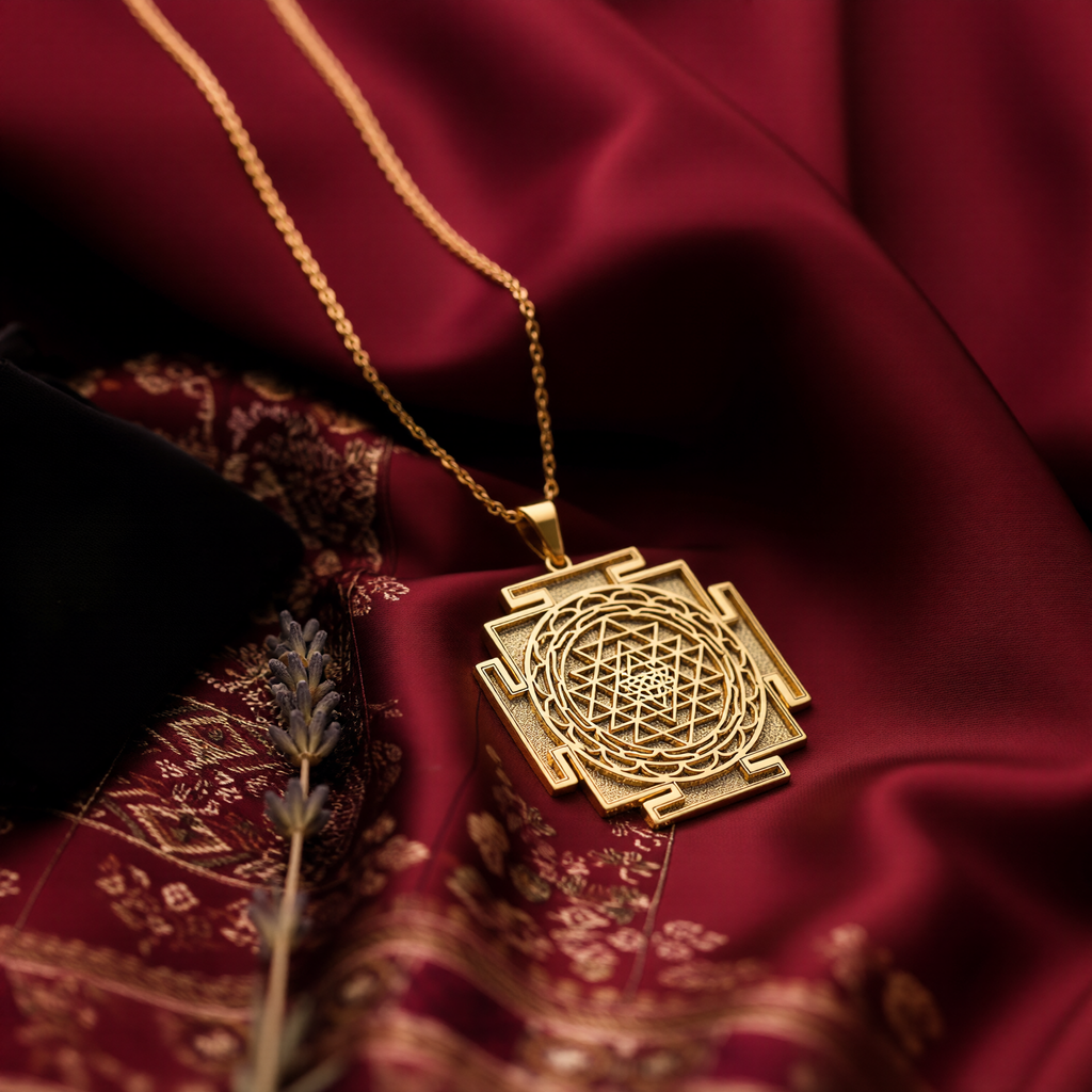 14K Solid Gold Sri Yantra Sacred Geometry Pendant Necklace — left profile thickness and bail view