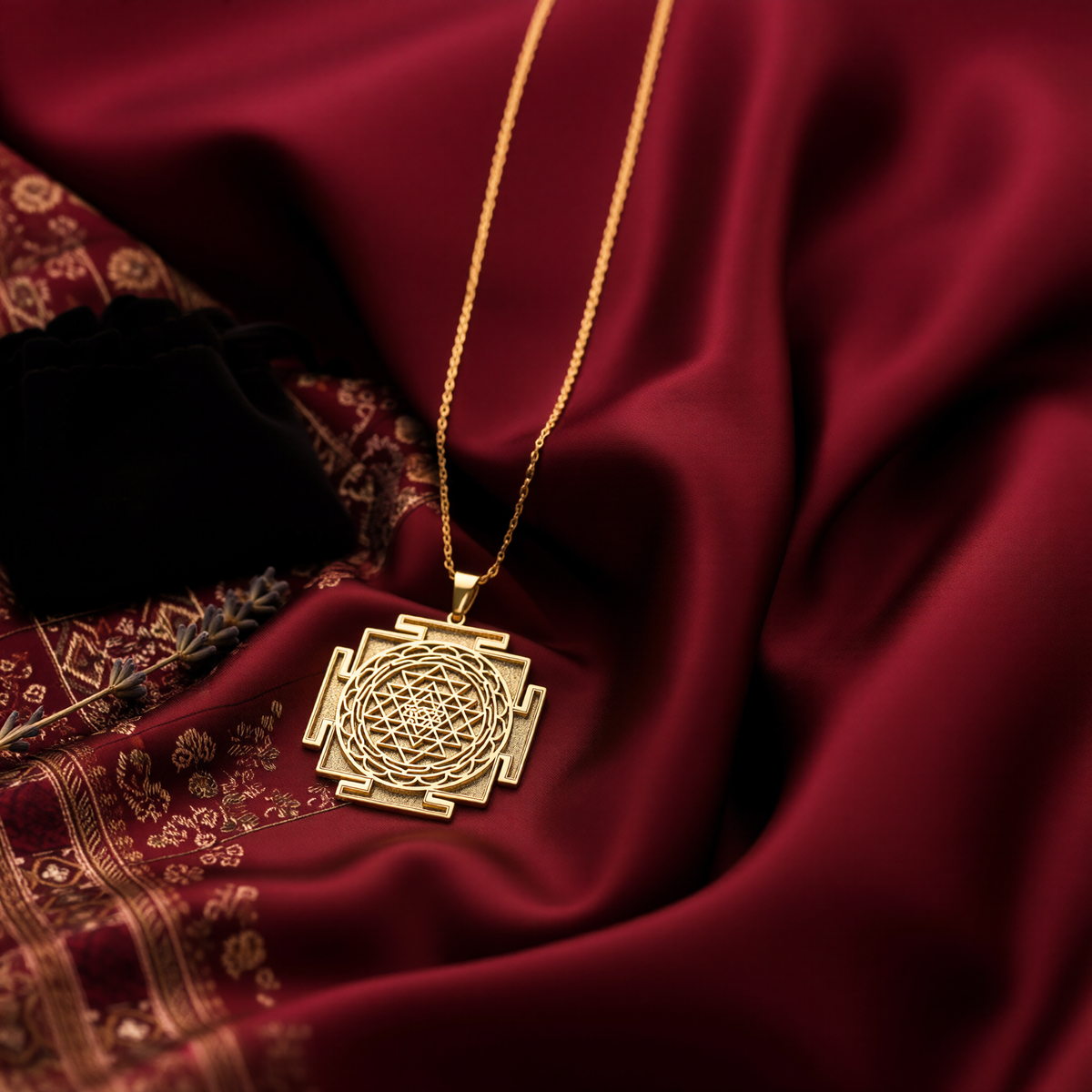 14K Solid Gold Sri Yantra Sacred Geometry Pendant Necklace — right profile craftsmanship detail