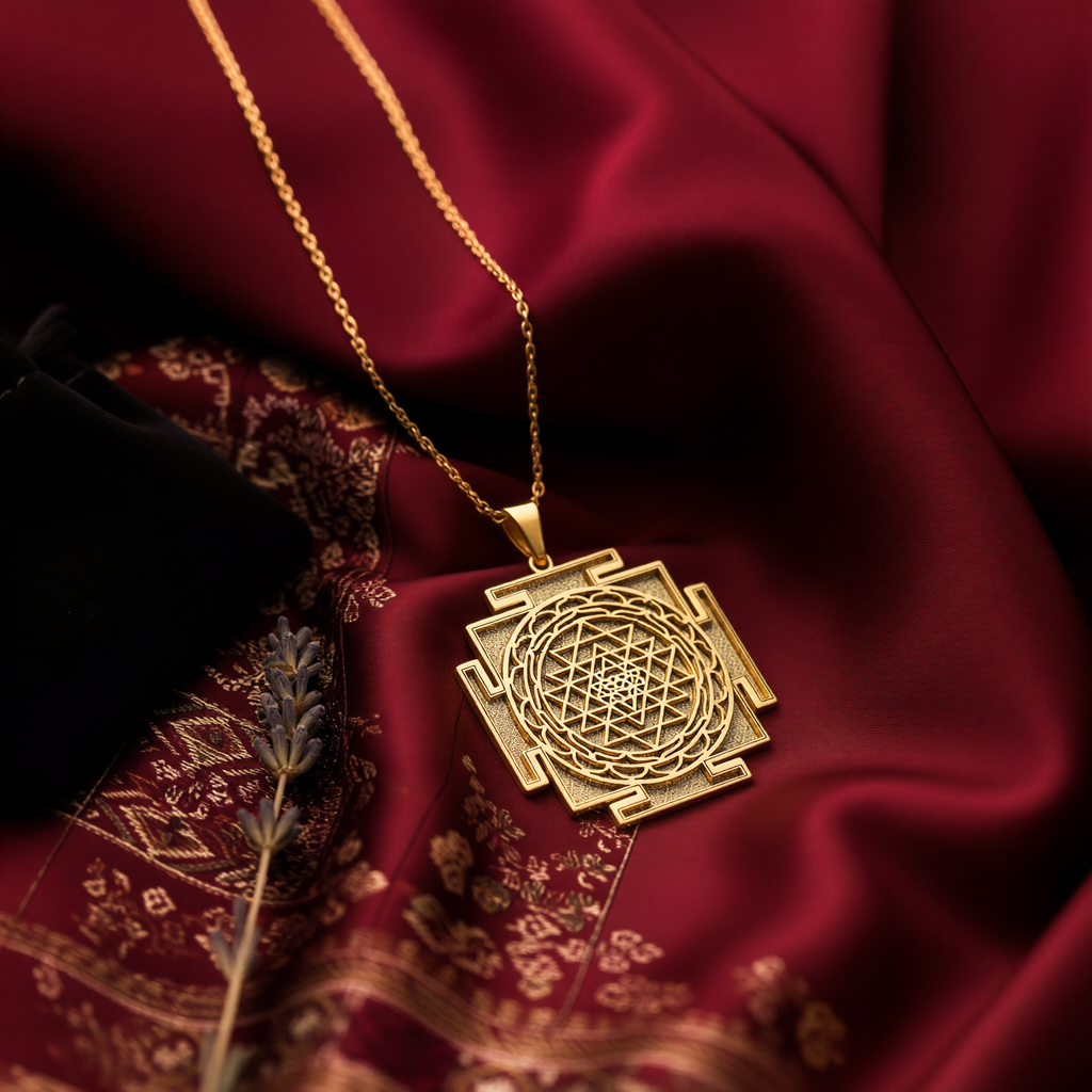 14K Solid Gold Sri Yantra Sacred Geometry Pendant Necklace — top-down chain and bail detail
