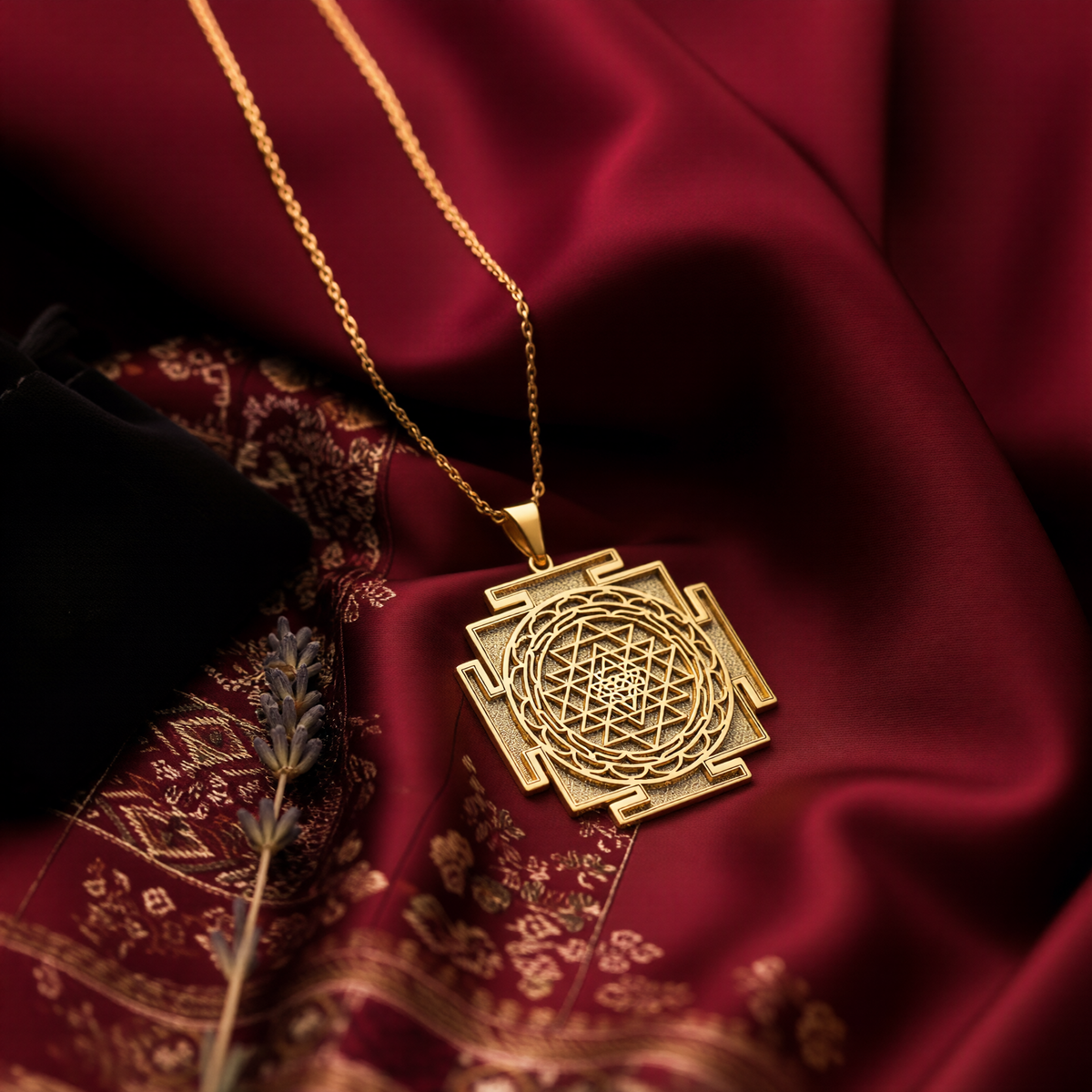 14K Solid Gold Sri Yantra Sacred Geometry Pendant Necklace — top-down chain and bail detail