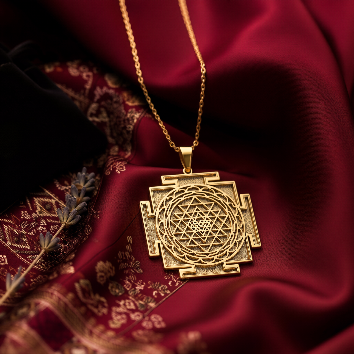 Full view of a gold plated geometric pendant with the Sri Yantra design, suspended by a gold chain. The item is positioned on a richly textured maroon cloth background.