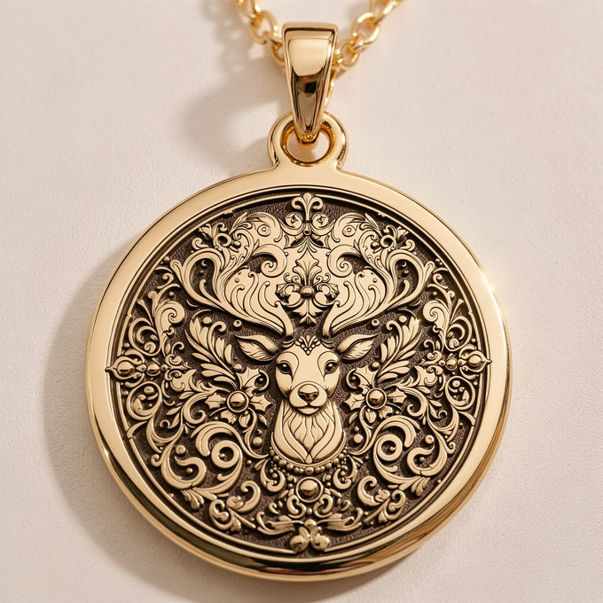 Gold plated pendant featuring an intricate stag deer forest lord design with detailed scrollwork and foliage. The pendant has a textured, antique finish and is shown from the front view attached to a gold chain.