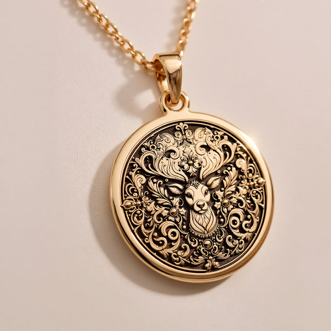 Gold plated pendant featuring an intricate stag deer forest lord design with detailed scrollwork and foliage. The pendant has a textured, antique finish and is attached to a delicate gold chain.